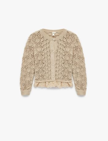 Girls' Long Sleeve Textured Ruffled Buttoned Crew Neck Cardigan