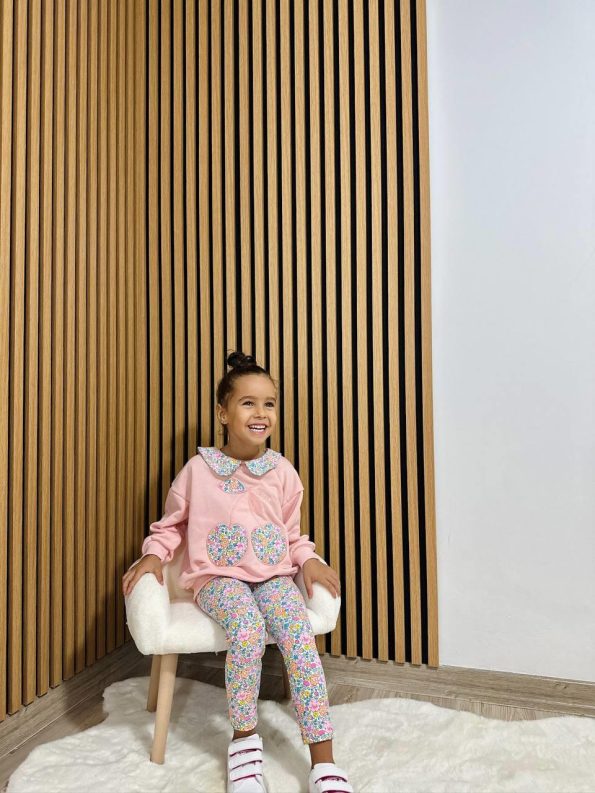 Girls' Cotton Pink Cherry Embroidered Sweatshirt and Floral Pants Set