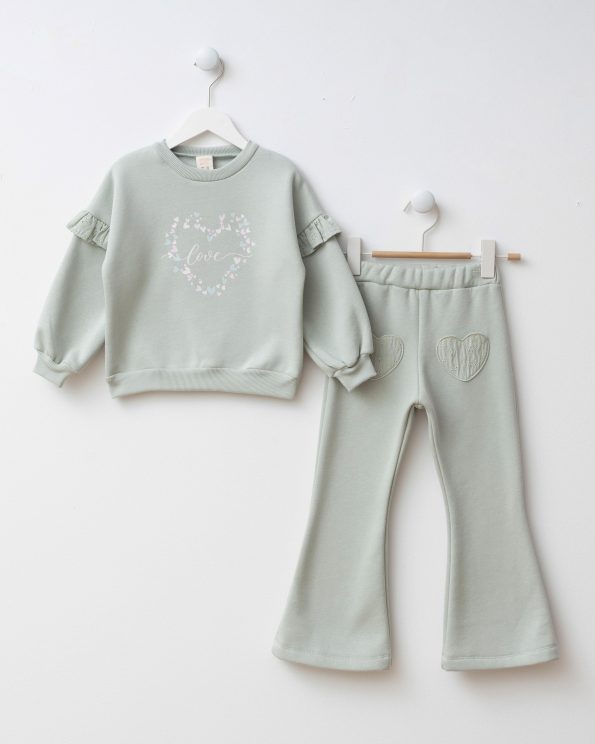 Girls' Cotton Mint Green Love Print Ruffle Detail Tracksuit - Wide Leg