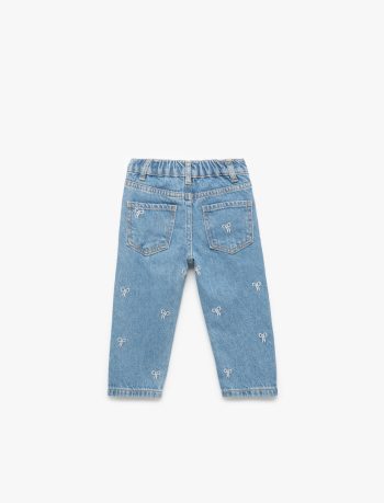Girls' Baby Cotton Denim Pants with Embroidery and Pockets