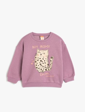 Girls' Long Sleeve Cat Print Crew Neck Sweatshirt