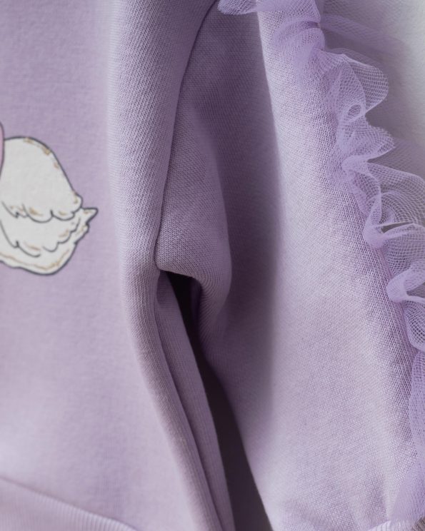 Girls' Cotton Lilac Swan Print Sweatshirt with Flared Pants – Tulle Sleeves