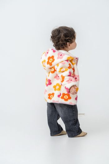 Cotton Flower Patterned Hooded Zipper Jacket for Kids