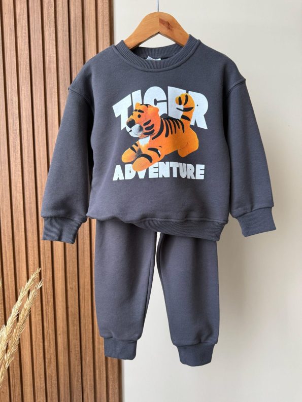 Boys' Black Cotton Tiger Print Sweatshirt and Jogger Set