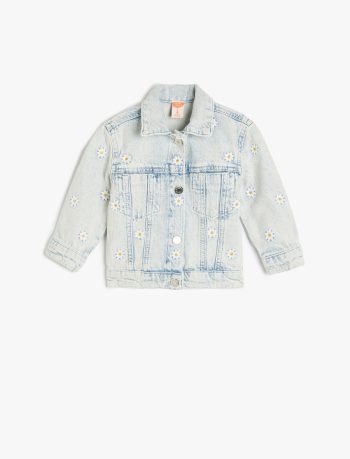 Girls' Flower Embroidered Button-Up Denim Jacket