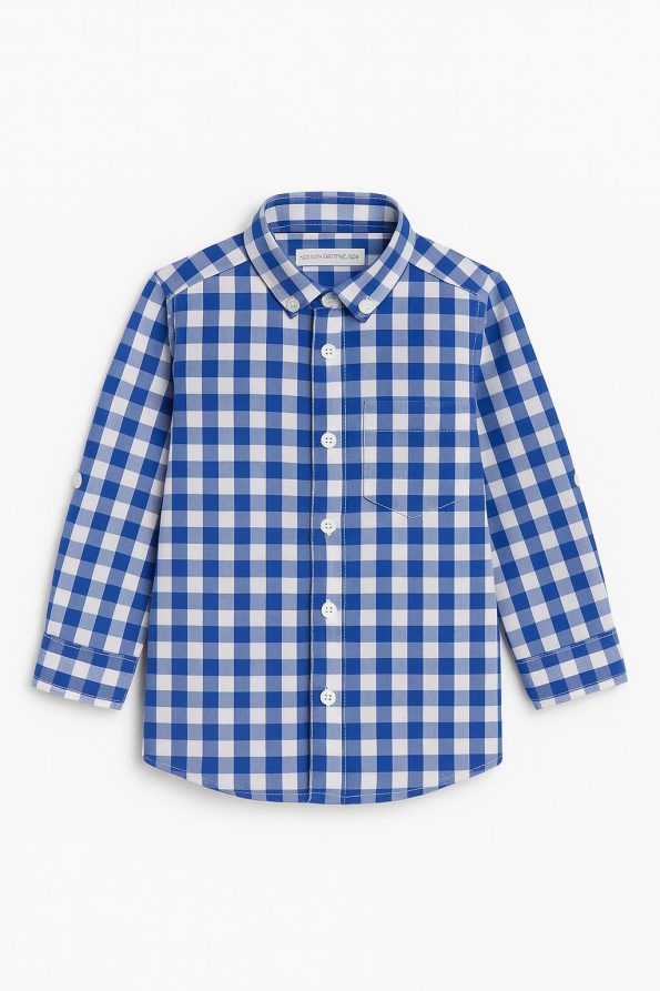 Boys' Blue and White Checkered Long Sleeve Cotton Shirt - Pocketed Button-Up