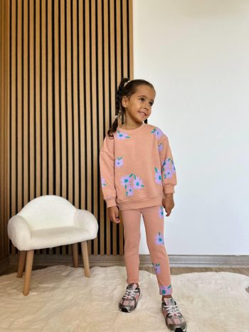 Girls' Cotton Salmon Flower Print Sweatshirt and Leggings Set