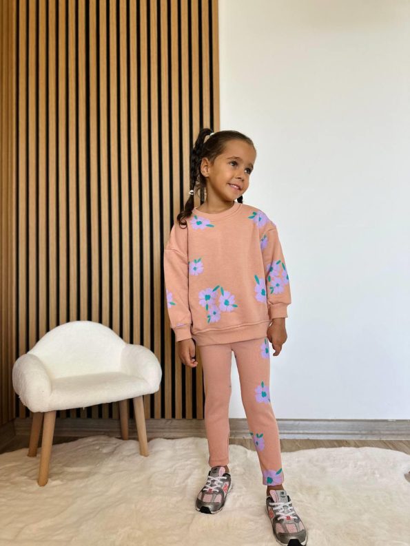 Girls' Cotton Salmon Flower Print Sweatshirt and Leggings Set