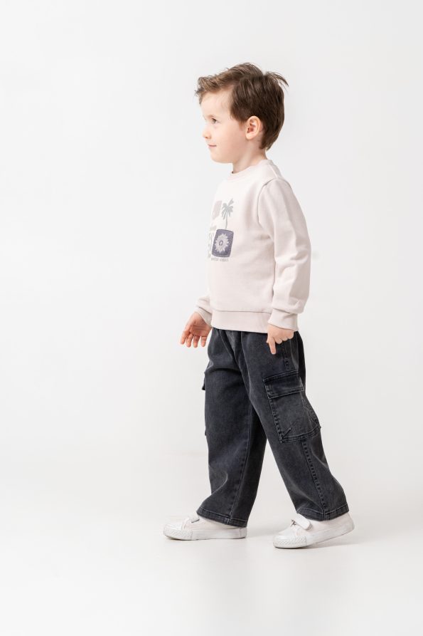 Boys' Cotton Beige Printed Sweatshirt and Black Cargo Pants Set - Casual Everyday Outfit