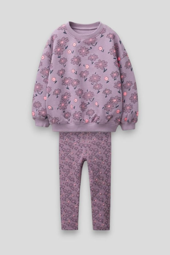 Girls' Cotton Purple Floral Sweatshirt and Leggings Set