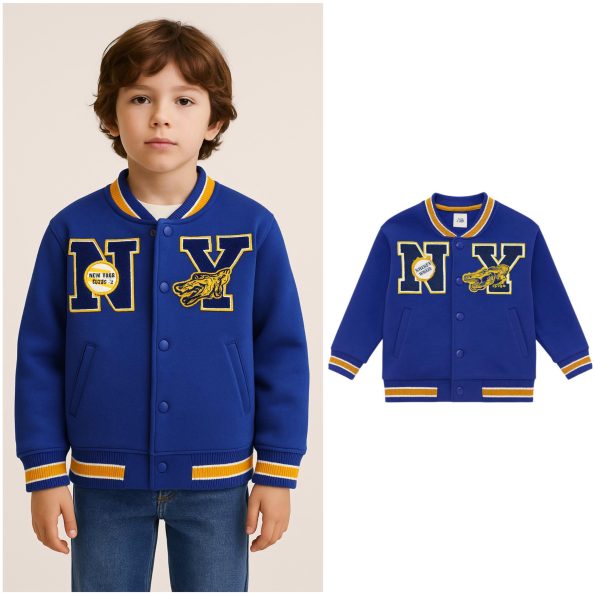 Unisex Kids Cotton Navy College Jacket - Letter and Dragon Applique Bomber Coat