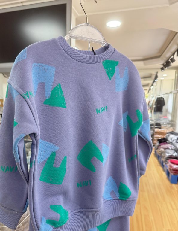 Boys' Cotton Blue Patterned Sweatshirt and Jogger Set - Green Turquoise NAVI Print