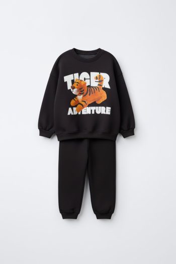 Boys' Black Cotton Tiger Print Sweatshirt and Jogger Set