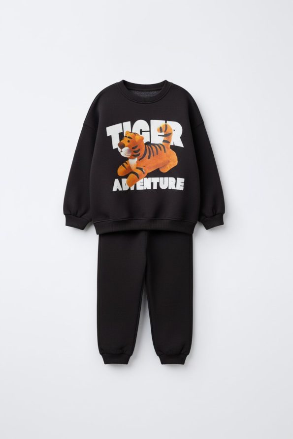 Boys' Black Cotton Tiger Print Sweatshirt and Jogger Set