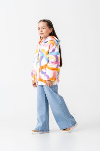 Girls' Colorful Patterned Cotton Hooded Fleece Jacket