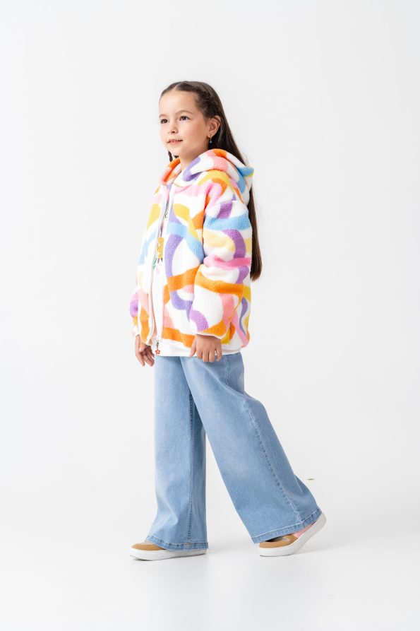 Girls' Colorful Patterned Cotton Hooded Fleece Jacket