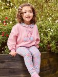 Girls' Cotton Pink Cherry Embroidered Sweatshirt and Floral Pants Set