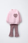 Girls' Cotton Pink Heart Appliqué Sweatshirt and Floral Flare Leggings Set