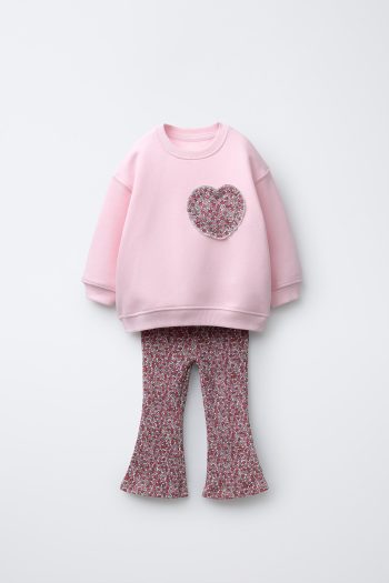 Girls' Cotton Pink Heart Appliqué Sweatshirt and Floral Flare Leggings Set