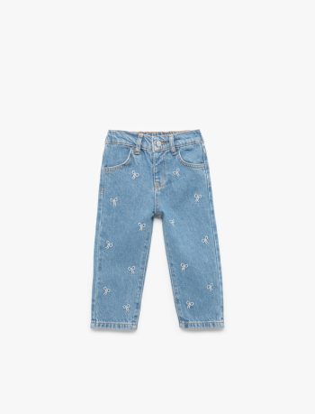 Girls' Baby Cotton Denim Pants with Embroidery and Pockets