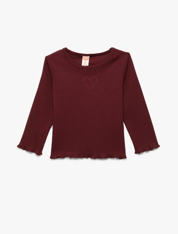 Girls' Cotton Long Sleeve Ribbed Heart Embroidered T-Shirt