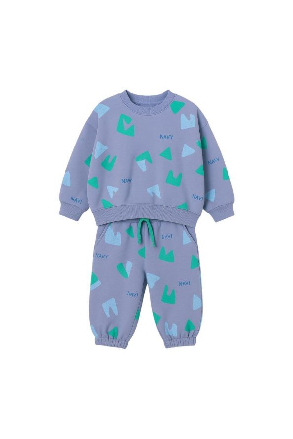 Boys' Cotton Blue Patterned Sweatshirt and Jogger Set - Green Turquoise NAVI Print