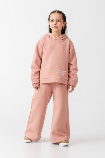Girls' Cotton Powder Pink Hooded Sweatshirt and Wide Leg Tracksuit Set