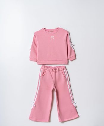 Girls' Cotton Pink Bow Detail Sweatshirt and Striped Pants Set