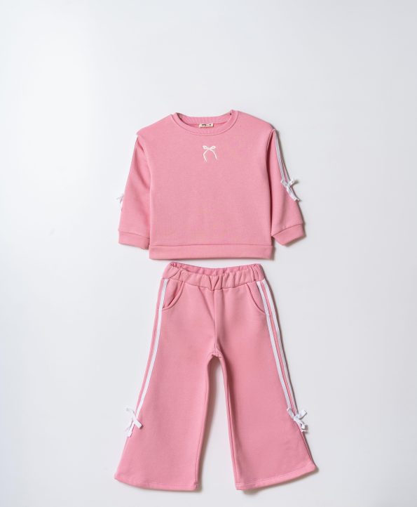 Girls' Cotton Pink Bow Detail Sweatshirt and Striped Pants Set
