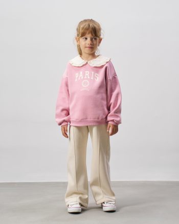 Girls' Cotton Pink Paris Print Sweatshirt and Ecru Pants Set