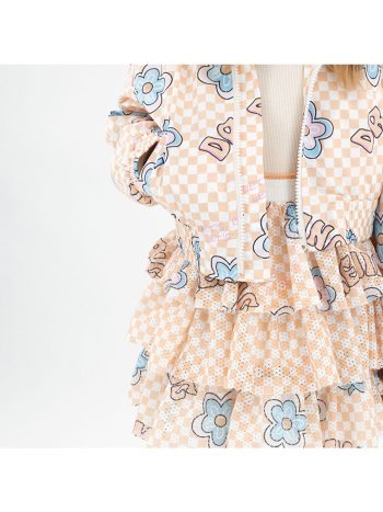 Pink Girls' Raincoat with Check and Flower Pattern