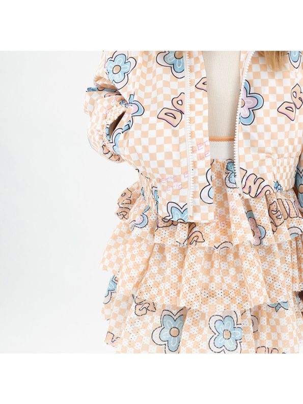 Pink Girls' Raincoat with Check and Flower Pattern