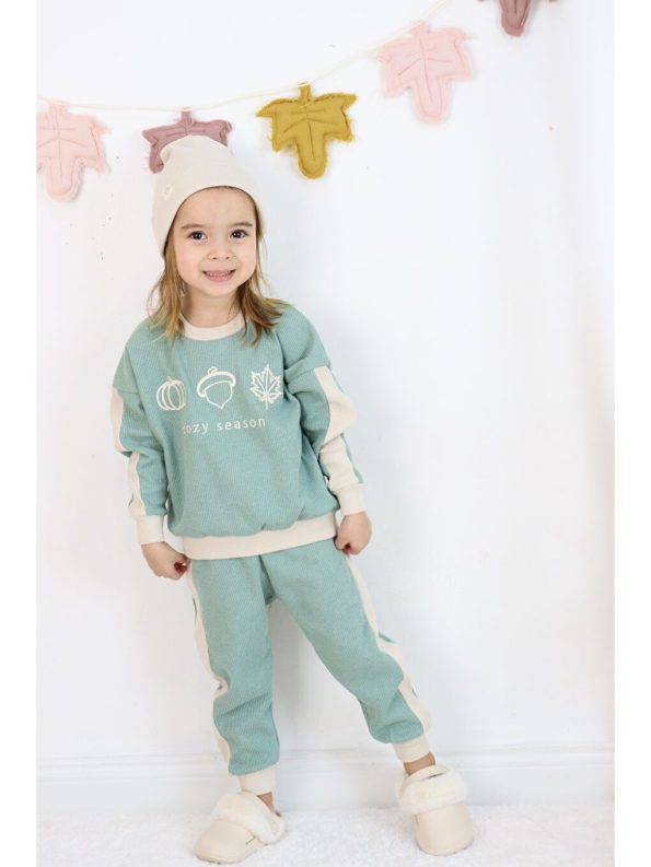 Three-piece set: pants, hat, and sweatshirt