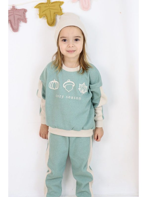 Three-piece set: pants, hat, and sweatshirt