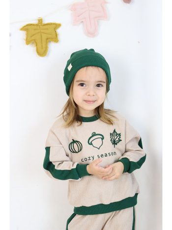 Three-piece set: pants, hat, and sweatshirt