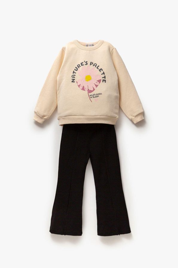 Girls' Floral Patterned Winter Cotton Sweatshirt and Leggings Set