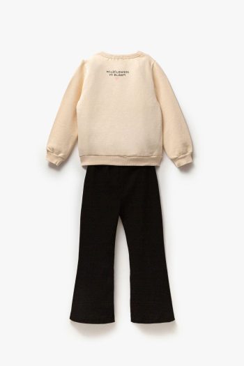 Girls' Floral Patterned Winter Cotton Sweatshirt and Leggings Set