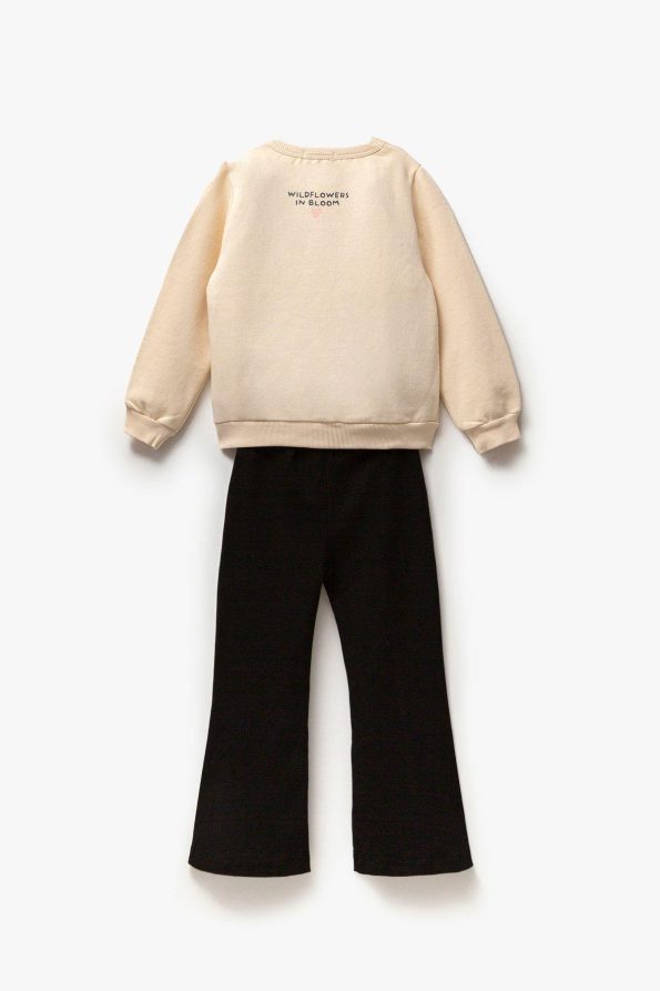 Girls' Floral Patterned Winter Cotton Sweatshirt and Leggings Set