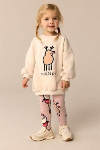 Girls' Deer Christmas Pattern Winter Cotton Sweatshirt and Leggings Set