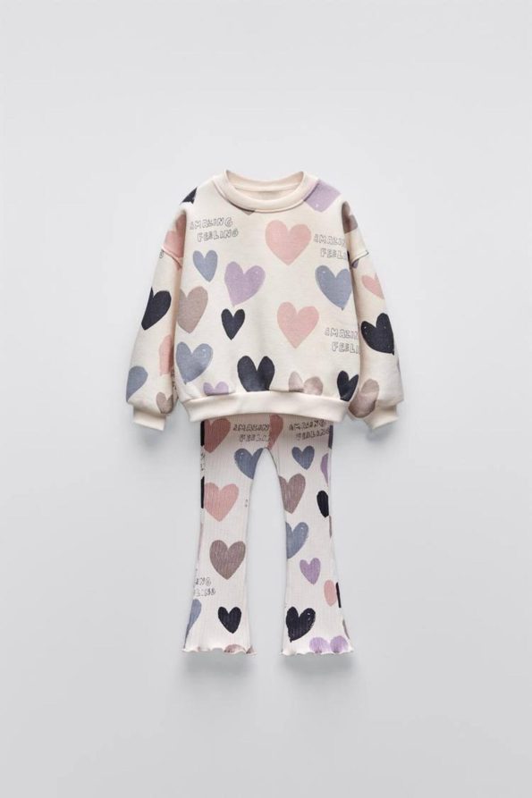 Girls' Heart Patterned Winter Cotton Sweatshirt and Leggings Set
