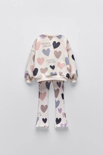 Girls' Heart Patterned Winter Cotton Sweatshirt and Leggings Set