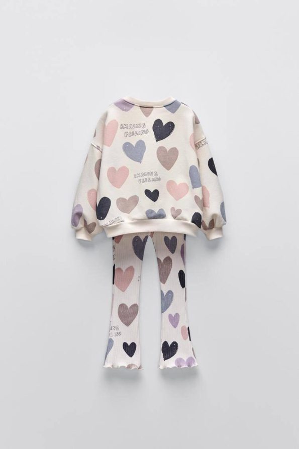 Girls' Heart Patterned Winter Cotton Sweatshirt and Leggings Set