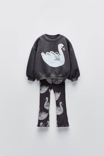 Girls' Black Swan Patterned Winter Cotton Sweatshirt and Leggings Set