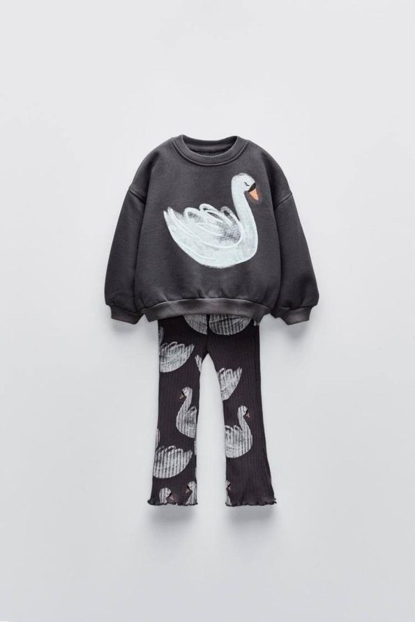 Girls' Black Swan Patterned Winter Cotton Sweatshirt and Leggings Set