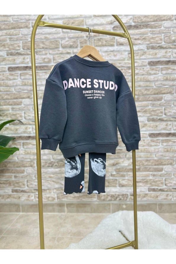 Girls' Black Swan Patterned Winter Cotton Sweatshirt and Leggings Set