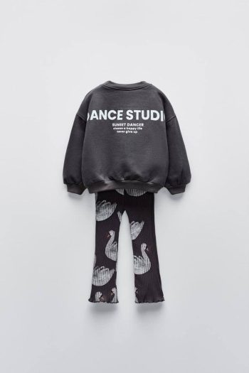 Girls' Black Swan Patterned Winter Cotton Sweatshirt and Leggings Set