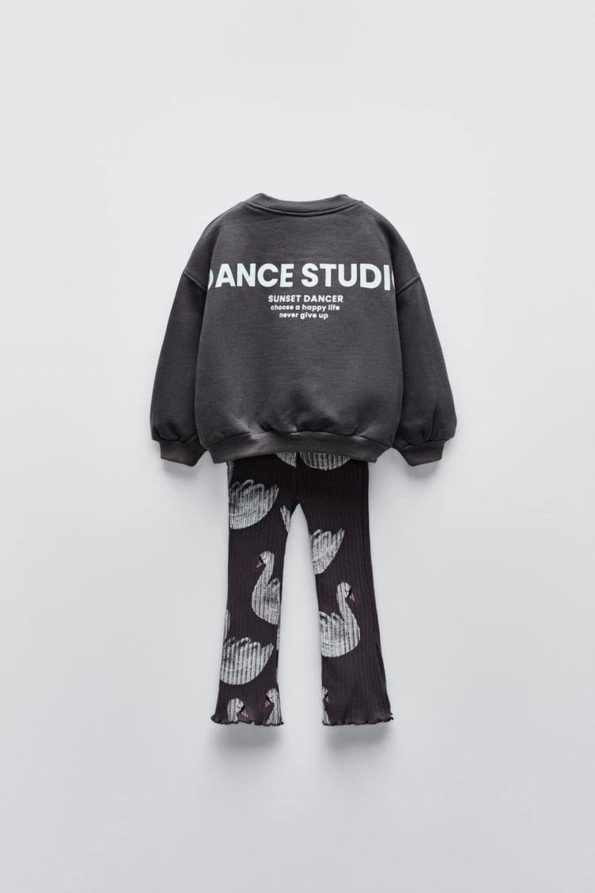 Girls' Black Swan Patterned Winter Cotton Sweatshirt and Leggings Set
