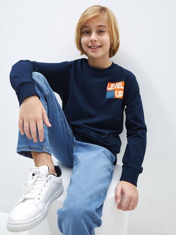 LCW Kids Navy Blue Printed Long Sleeve Boys Sweatshirt