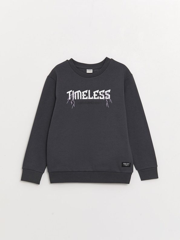 LCW Kids Anthracite Printed Crew Neck Long Sleeve Sweatshirt
