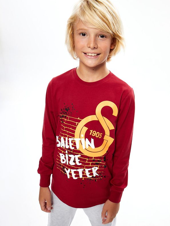 LCW Kids Red Crew Neck Galatasaray Printed Long Sleeve Boys Pajama Set